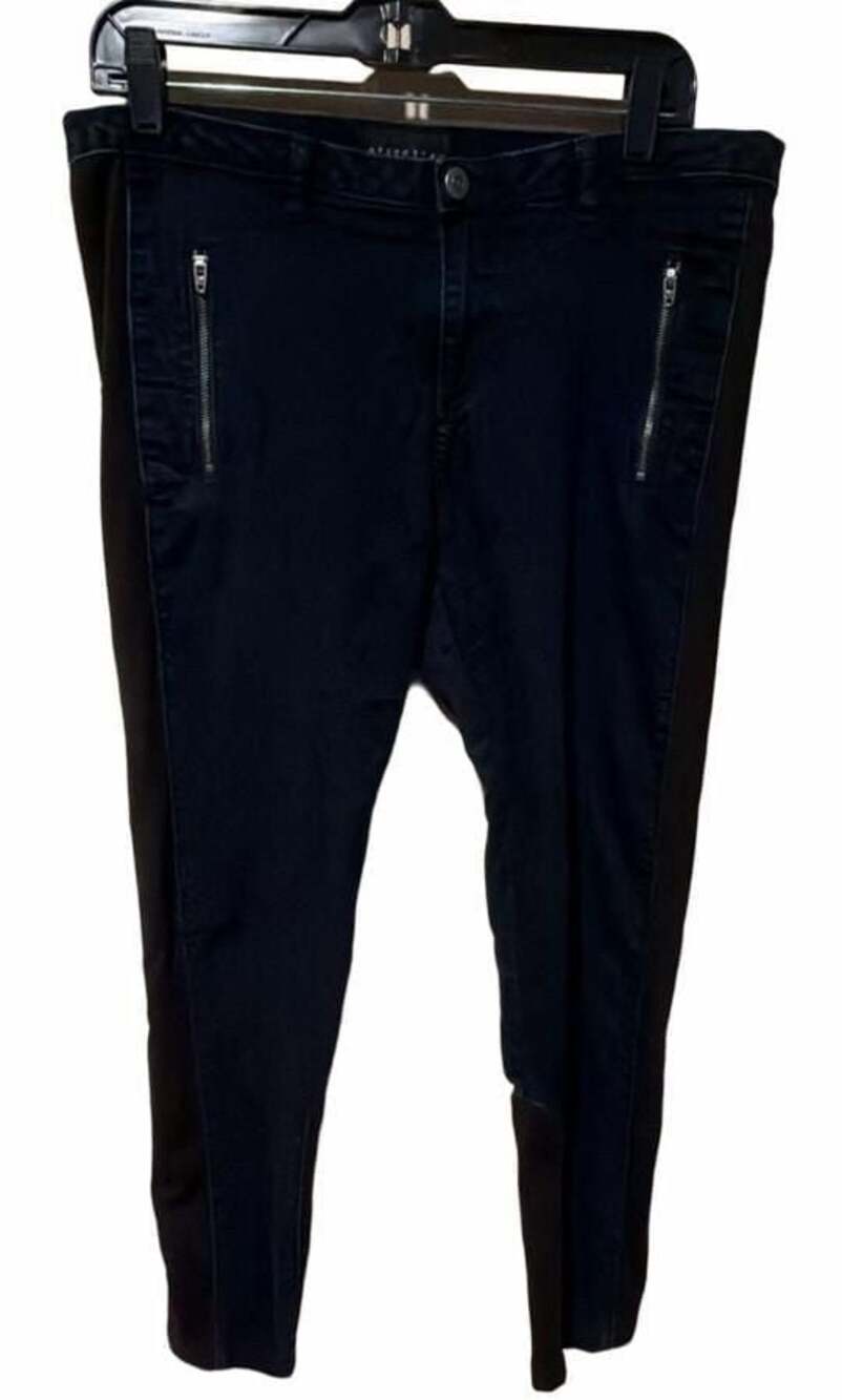 Attention Dark Blue Denim Pants with Black Contrast Side Panels and Zipper Pocke